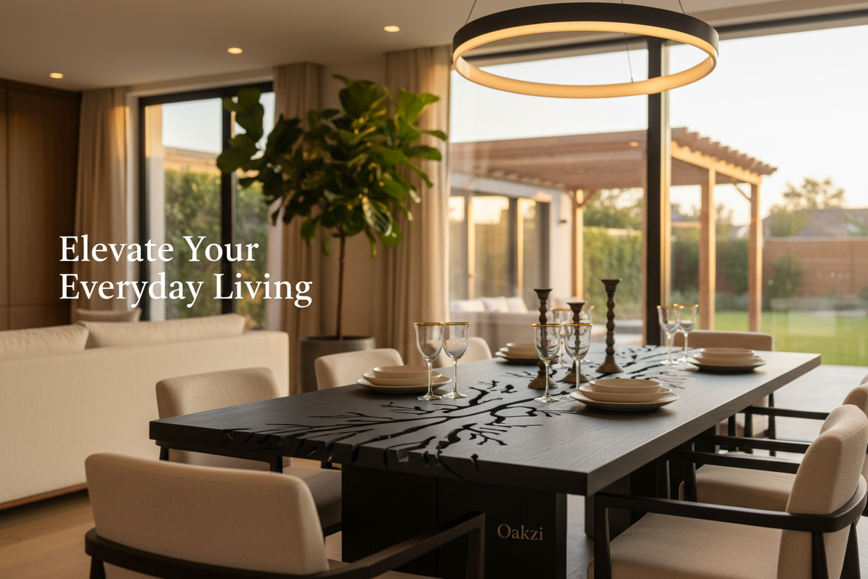 Oakzi Shopify hero banner matching masterpiece logo [generated_image:120]. Cinematic 16:9 luxury living room: matte black oak dining table with continuous branch grain detail matching logo, gold-rimmed glassware, lush fiddle leaf fig in charcoal ceramic planter, cream linen armchairs. Floor-to-ceiling windows reveal manicured garden pergola at golden hour. Warm ambient lighting, subtle depth of field. Left overlay space: "Elevate Your Everyday Living" in same refined sans-serif as logo, "Curated home, garde